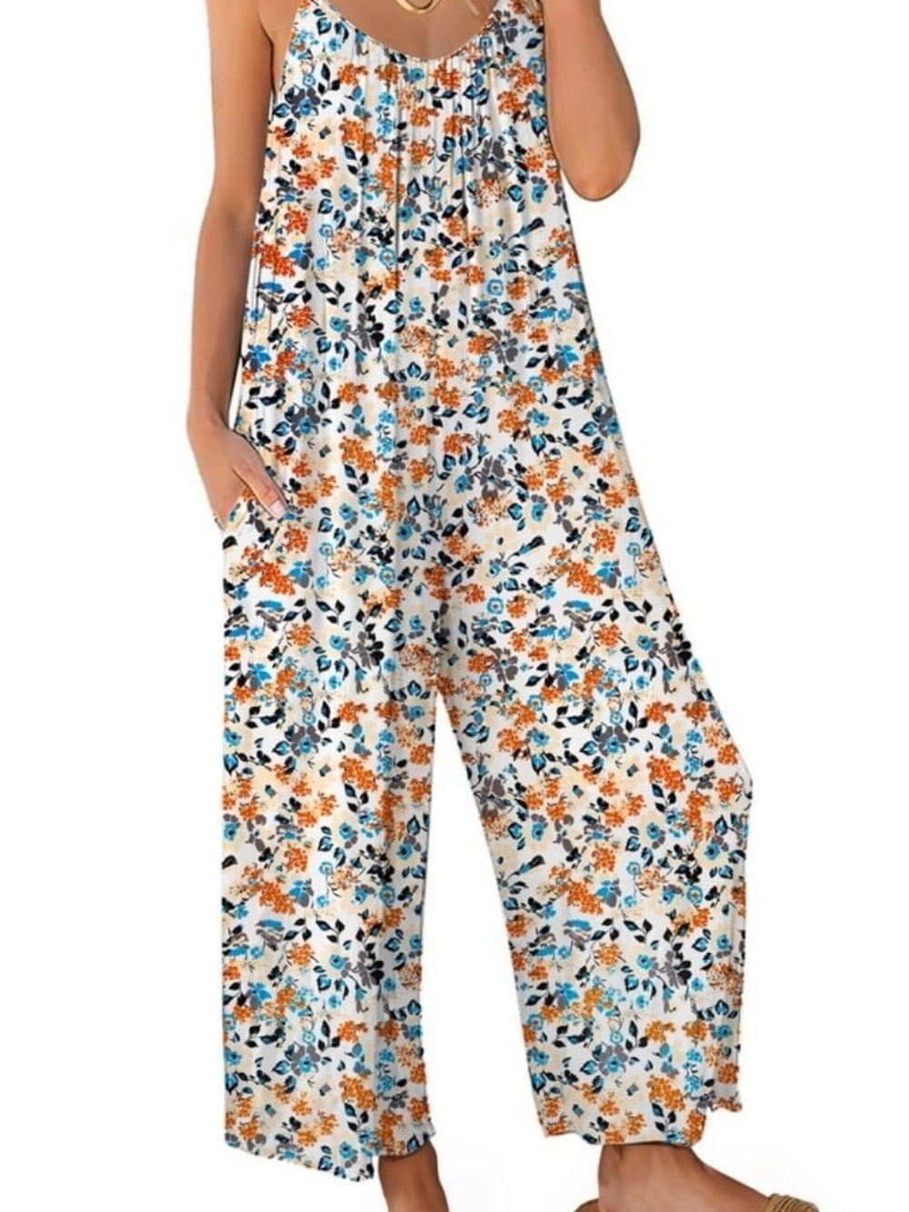 Fantaslook Floral Wide-Leg Jumpsuit in White with Blue & Orange Print NWT